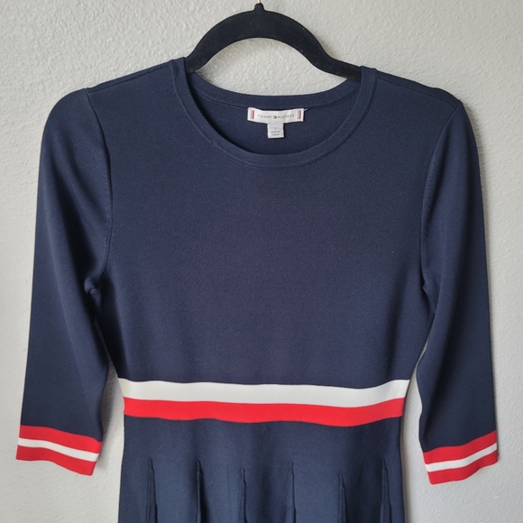 Tommy Hilfiger Knit Fit and Flare Pleated Sweater Dress Size Small Color Navy - Picture 2 of 10